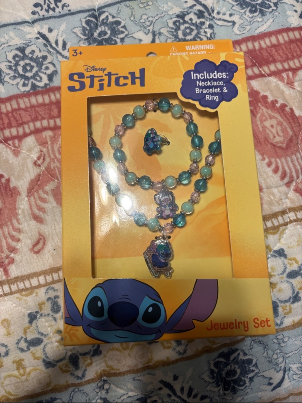 Disney Stitch Aqua and Teal Beaded Necklace, Bracelet & Ring Set